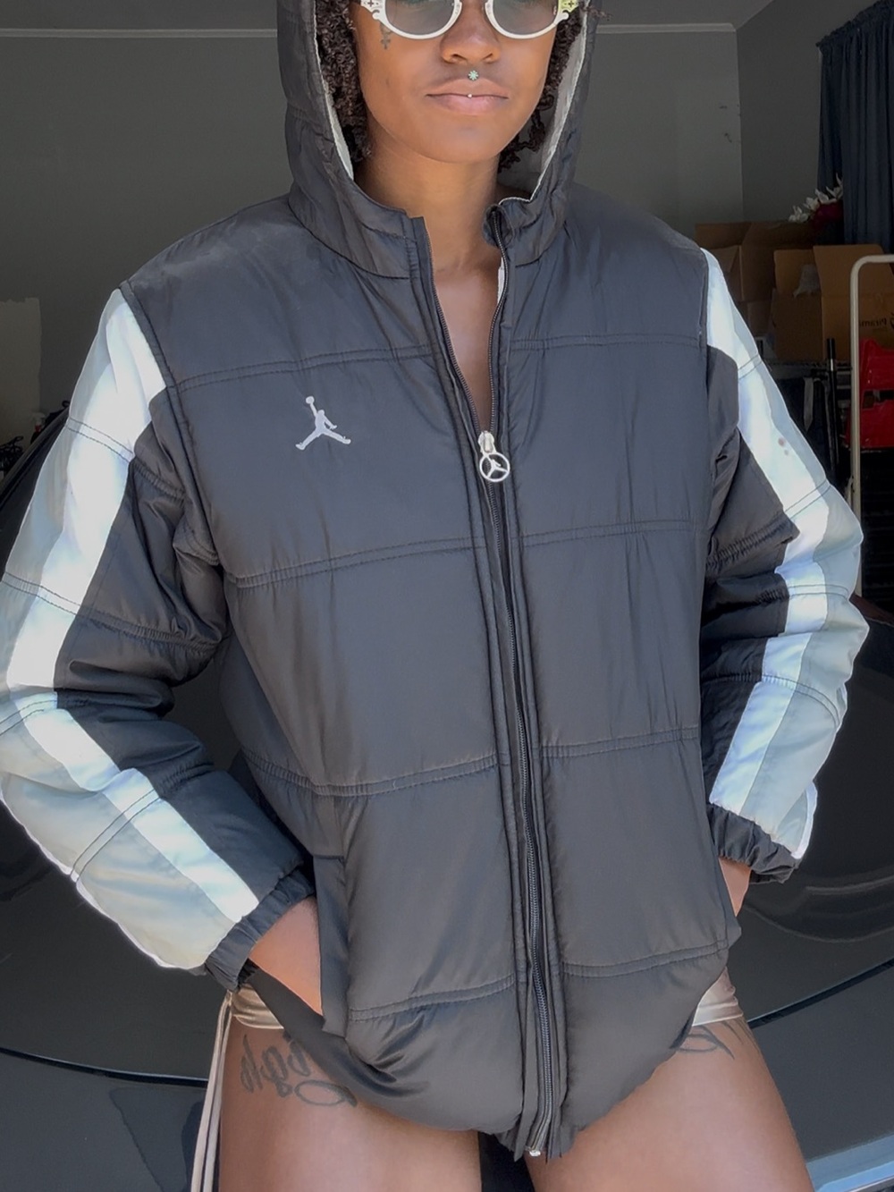 Jordan Black Hooded Puffer Jacket with White Sleeve Stripes